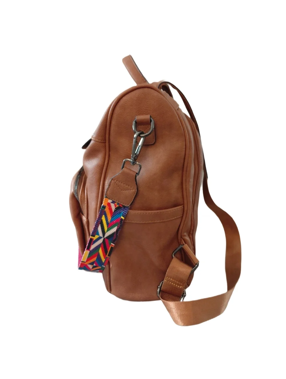 Brown Vegan Leather Backpack with Removable Pouch and Colorful Strap